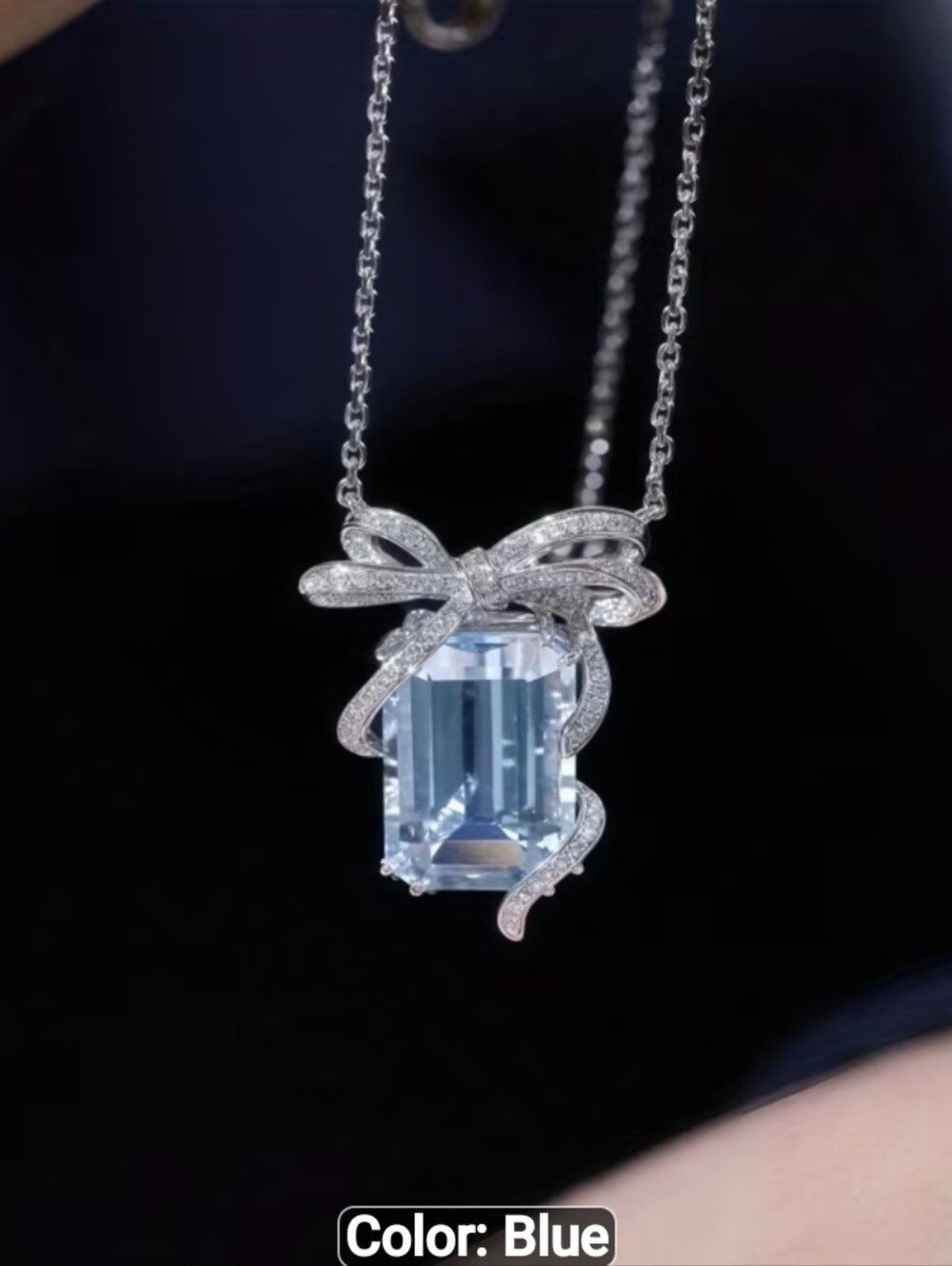 🩵🩶NEW🩵🩶 STUNNING!! AQUAMARINE Bow Pendant Necklace In Silver